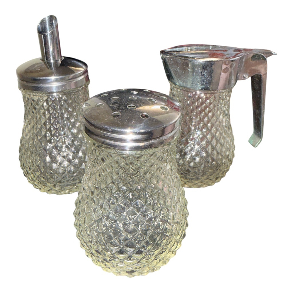 Vintage Glass Condiment Set with Diamond Pattern, 3 Piece Set with Metal Lids